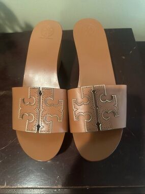 Tory Burch Tan Leather Logo Slide Sandals